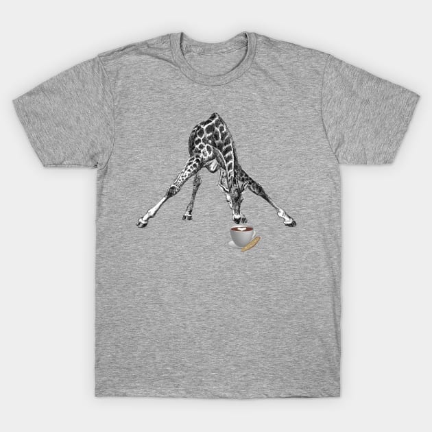 Lispe Giraffeccino - Giraffe Drinking Coffee T-Shirt by Lispe